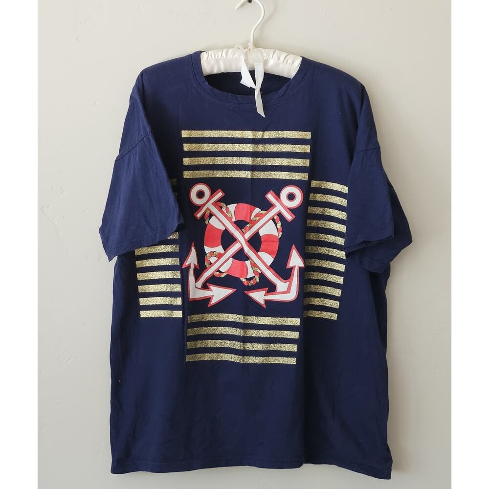 Nautical Navy Anchor, 4th of July Military Patriotic Navy & Red XXL T-shirt - Picture 2 of 7